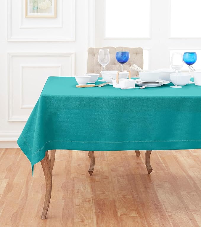 Solino Home Linen Teal Tablecloth 60 x 120 Inch - Classic Hemstitch, 100% Pure Linen Rectangular Tablecloth - Machine Washable Table Cloth for New Year