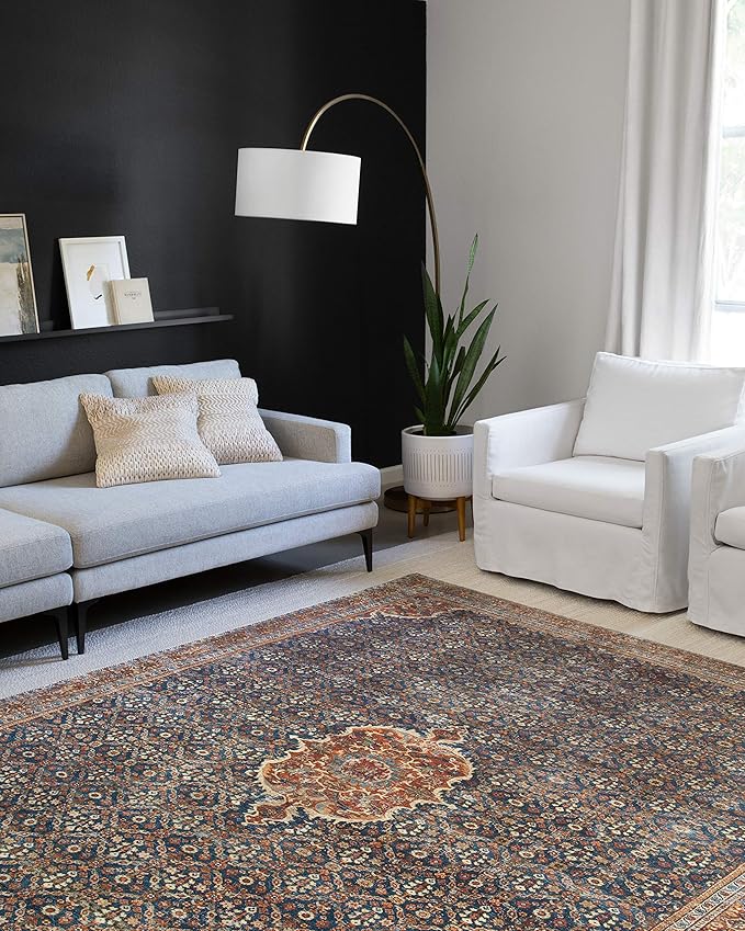 Loloi Layla Collection LAY-09 Cobalt Blue/Spice 5'-0" x 7'-6" .13" Thick Area Rug, Soft, Durable, Vintage Inspired, Distressed, Low Pile, Non-Shedding, Easy Clean, Printed, Living Room Rug