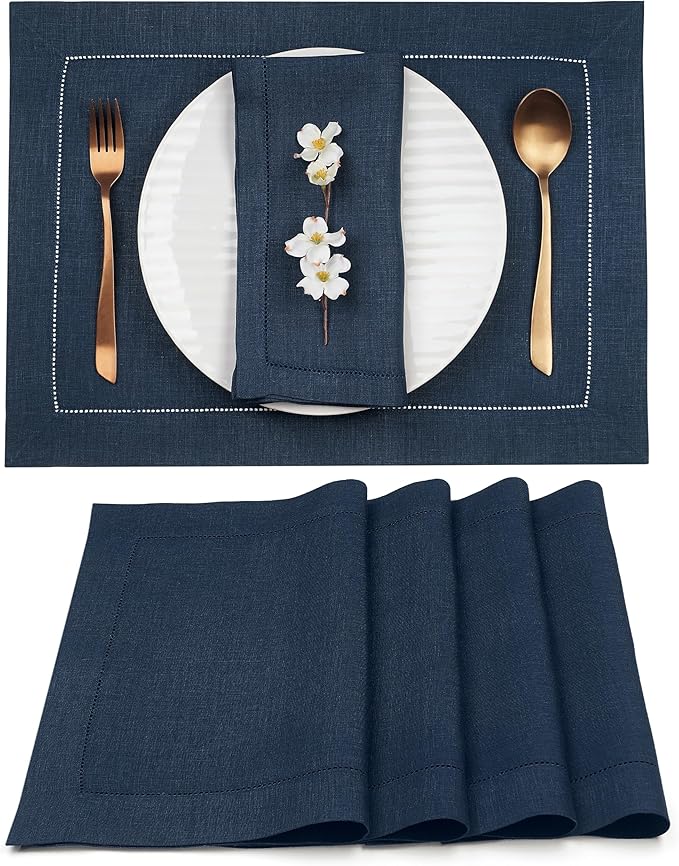 D'Moksha Homes Linen Placemats Set of 4 - Classic Hemstitch Navy Blue Placemats 14 x 19 Inch - 100% Pure Linen Table Mats for Winter, Holiday, New Year - Handcrafted and Machine Washable