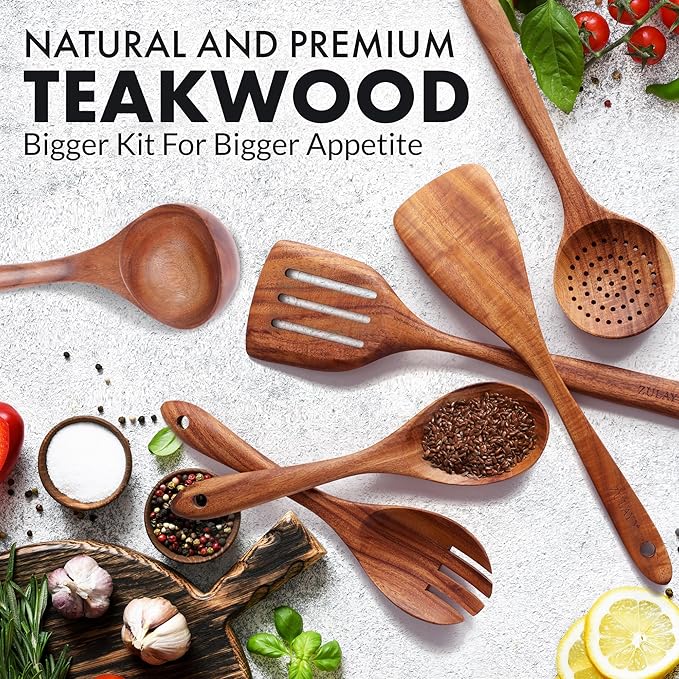 Zulay Kitchen Extra-Large 6-Piece Wooden Spoon Set - Smooth Teak Cooking Utensils - Comfort-Grip Non-Stick Turner, Spatula, Skimmer, Fork, Serving Spoon