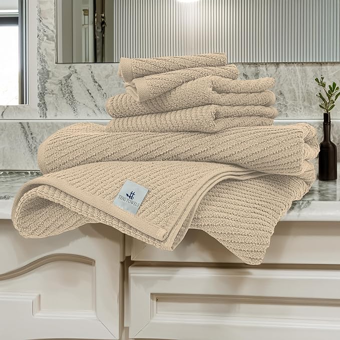Tens Towels Pack of 6 Zero Twist Towels Set, 2 Bath, 2 Hand, 2 Waschloths, 100% Cotton, Light Weight, Extra Absorbent, Exceptional Softness, Perfect for Bathroom (Beige)