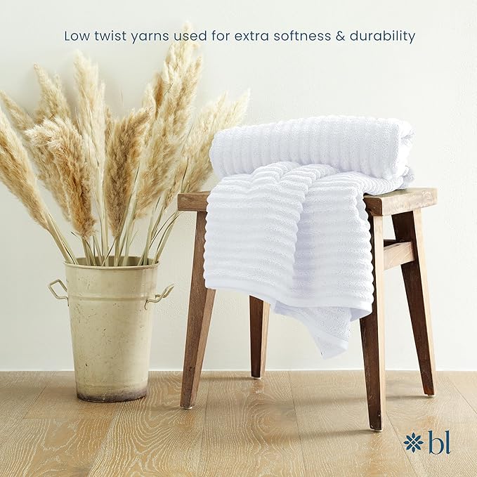 Blue Loom Ribbed Bath Towels Set, 100% Cotton 600GSM, Soft Absorbent Durable 2 Bath Towels, 2 Hand Towels, 2 Wash Cloths for Bathroom - Mason (58" x 30" inch Towels) (White, 6 Piece)