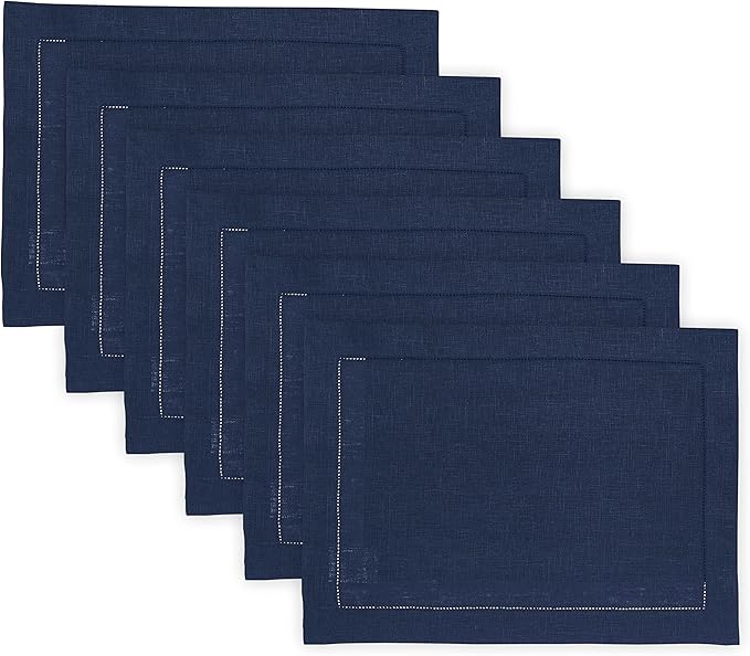 Solino Home Linen Cloth Placemats Set of 6-100% Pure Linen Hemstitch Navy Blue Placemats 14 x 19 Inch - Classic Hemstitch Table Place Mats for Holiday, Winter, New Year