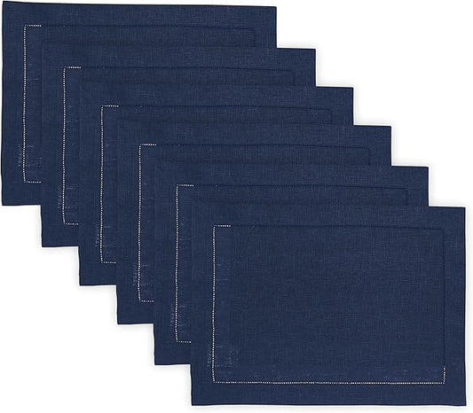 Solino Home Linen Cloth Placemats Set of 6-100% Pure Linen Hemstitch Navy Blue Placemats 14 x 19 Inch - Classic Hemstitch Table Place Mats for Holiday, Winter, New Year