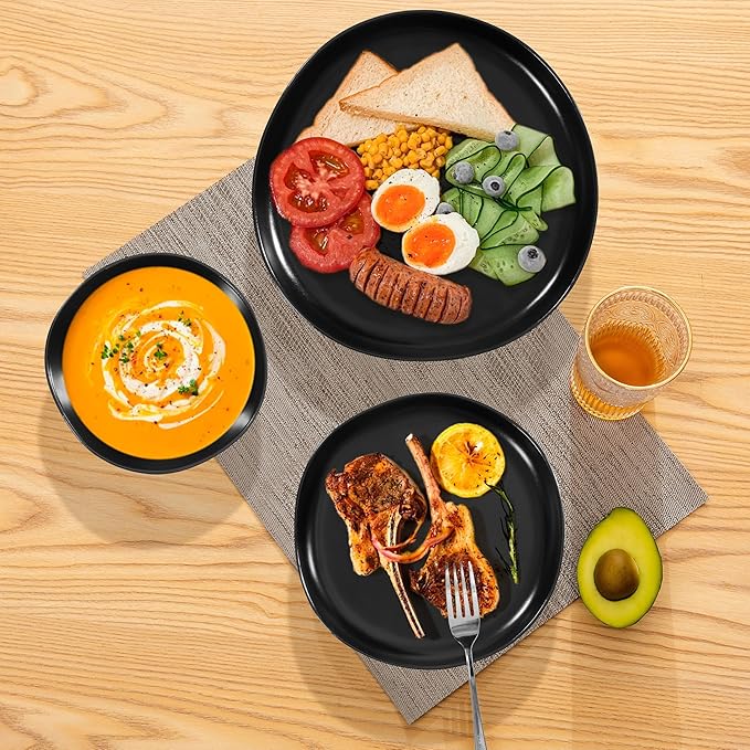 Herogo 12Pcs Plates and Bowls Set for 4, Irregular Handmade Stoneware Dinnerware, Crack and Scratch Resistant, Microwave & Dishwasher Safe, Reactive Glaze, Artistic Rustic Tableware, Matte Black