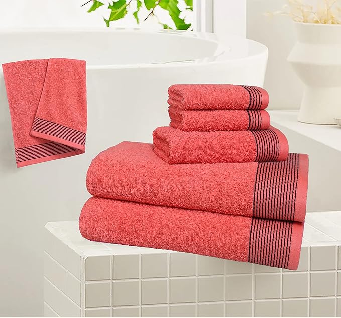 Belizzi Home 100% Cotton Ultra Soft 6 Pack Towel Set, Contains 2 Bath Towels 28x55 inchs, 2 Hand Towels 16x24 inchs & 2 Washcloths 12x12 inchs, Compact Lightweight & Highly Absorbant - Coral Orange