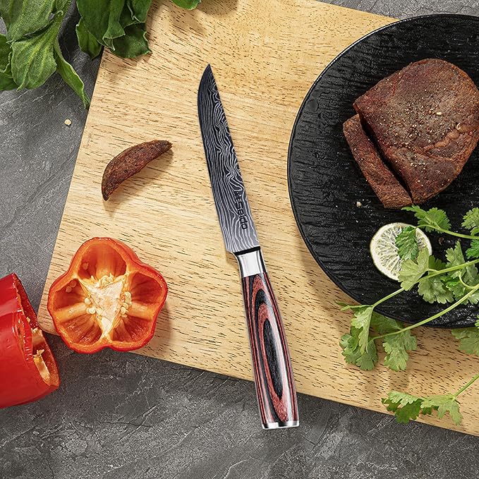 Seido Knives 5-Piece Straight-Edge Steak Knives Set - Full Tang with Ergonomic Pakkawood Handles, Stainless Steel Blades with Damascus Etching