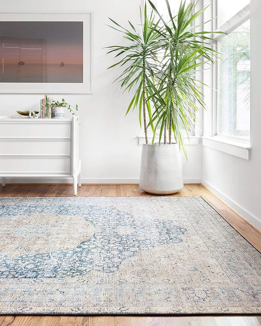 Loloi Layla Collection LAY-07 Blue/Tangerine 9'-0" x 12'-0" .13" Thick Area Rug, Soft, Durable, Vintage Inspired, Distressed, Low Pile, Non-Shedding, Easy Clean, Printed, Living Room Rug