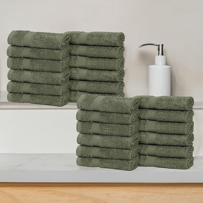 Superior 24-Piece Cotton Face Towel/Washcloth Set, Small Towels for Facial, Spa, Resort, Quick Wash, Gym, Resort, Bathroom Essentials, Master/Guest Bath Decor, Soft, Franklin Collection, Green