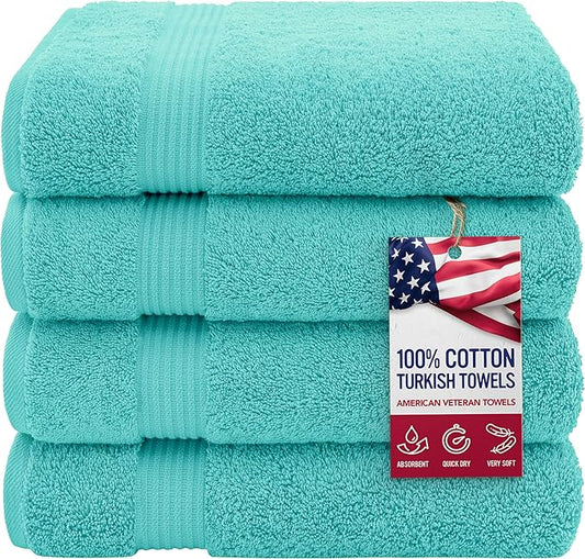 American Veteran Towel, 100% Cotton Turkish Bath Towels for Bathroom 4 Pack, 27x54 Extra Large Premium Soft Drying Bathroom Towels, Turquoise Blue