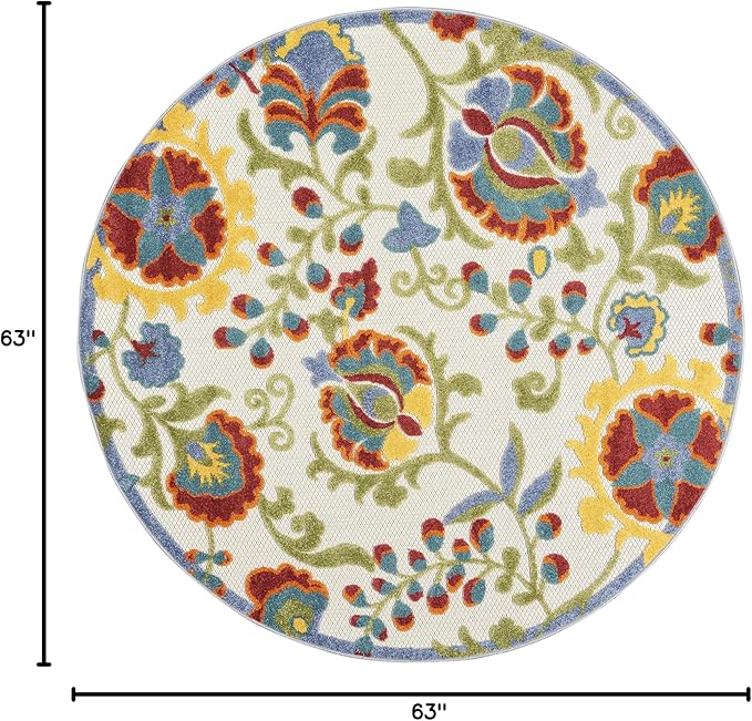 Nourison Home Aloha Ivory Multicolor 5'3" x Round Area Rug - Easy Clean, Non Shedding, Bed Room, Living Room, Dining Room, Kitchen (5' x Round)