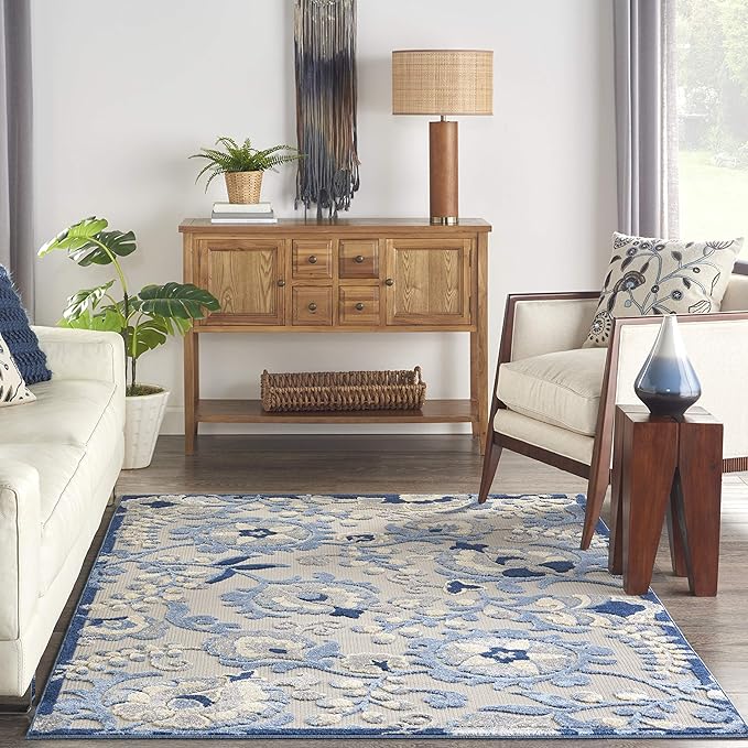 Nourison Aloha Indoor/Outdoor Blue/Grey 3'6" x 5'6" Area Rug, Easy Clean, Non Shedding, Bed Room, Living Room, Dining Room, Backyard, Deck, Patio (4x6)