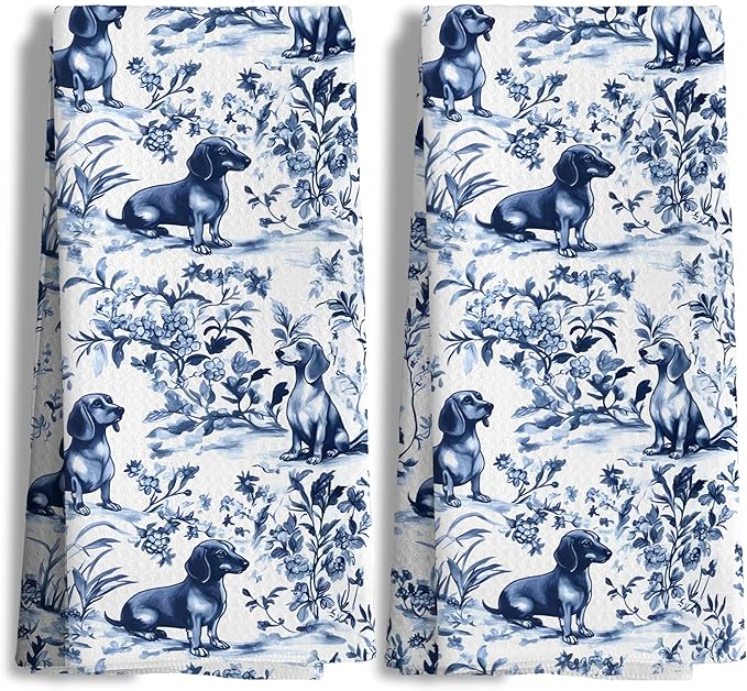 Chinoiserie Dachshund Kitchen Towels, Blue and White Floral Botanical Dachshund Decorative Dish Tea Towels Set of 2, Grandmillennial Weiner Dog Hand Towels for Kitchen Bathroom, 16x24 Inch