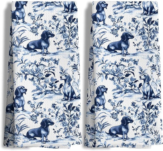 Chinoiserie Dachshund Kitchen Towels, Blue and White Floral Botanical Dachshund Decorative Dish Tea Towels Set of 2, Grandmillennial Weiner Dog Hand Towels for Kitchen Bathroom, 16x24 Inch
