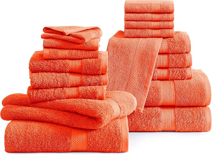LANE LINEN 100% Ring Spun Cotton Luxury Bath Towel Set, 18 PCs - 4 Bath Towels, 8 Washcloths, 6 Hand Towels for Bathroom - Sustainably Produced & Pet Friendly, Oeko-Tex Certified - Tiger Lily