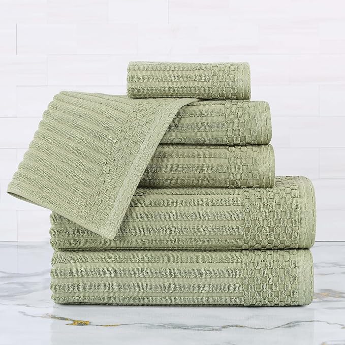 Cotton 6-Piece Solid and Ribbed Towel Set, Face Towels 13” x 13”, Hand Towels 16” x 28”, Bath Towels 27” x 54”, Sage by Superior