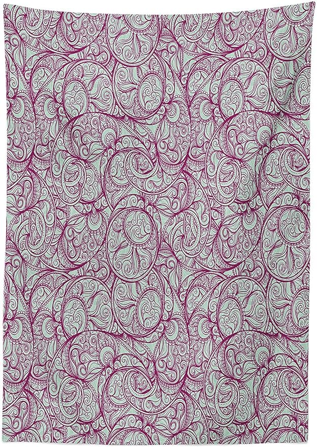 Ambesonne Purple Tablecloth, Bohemian Style Paisley Leaf with Curly Petal Veins Retro Effect Mandala Plant, Rectangular Table Cover for Dining Room Kitchen Decor, 52" X 70", Turquoise Purple