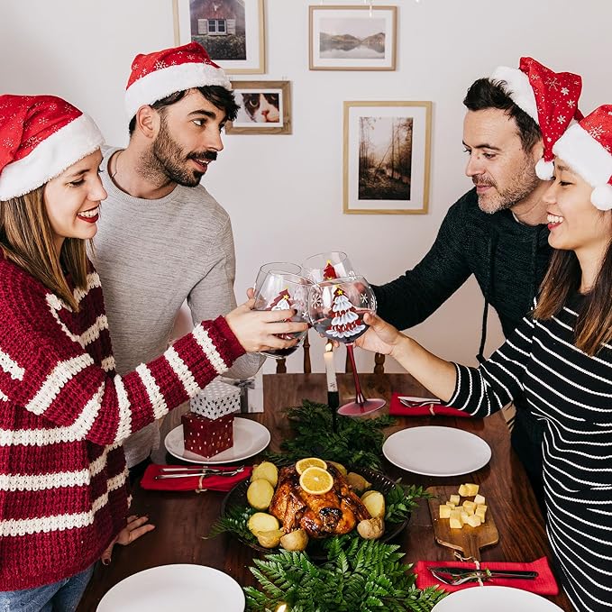 Joeyan Christmas Crystal Balloon Wine Glasses,Hand Painted Large Wine Goblet Glass Cups with Stem,Gin Tonic Cocktail Drinking Glasses with Red Xmas Tree and Snowflakes Patterns,19.5 oz,Set of 2