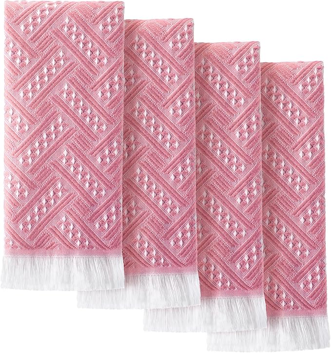 4 Pack Boho Bathroom Hand Towel 14 x 30 Inch 100% Turkish Cotton Decorative Boho Kitchen Hand Towel Farmhouse Bathroom Decor Set Absorbent Soft Guest Tea Gift(Pink,White)