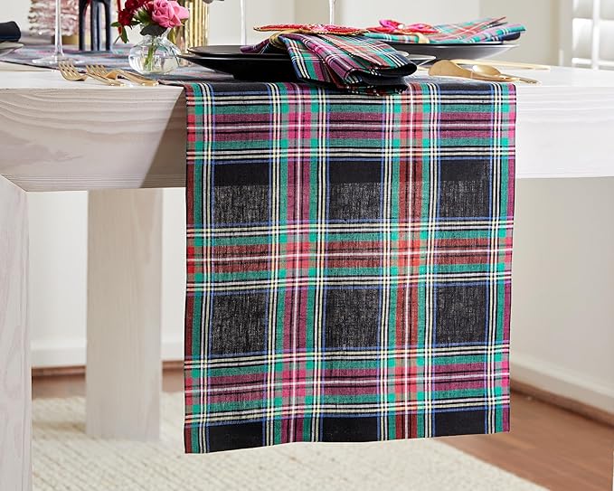 Solino Home Linen Plaid Table Runner 48 Inches - 100% Pure Linen Black Jewel Tartan Plaid Short Table Runner 14 x 48 Inch Ideal for Dresser and Coffee Tables