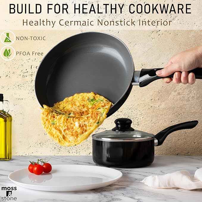 Moss & Stone 6 Pcs Black Nonstick Cookware Set, Pots And Pans Set Non stick With Glass Lid, Induction Cookware, Stay-Cool Handle PTFE/PFOA Kitchen Pots 6-Piece with Frying Pans & Saucepan