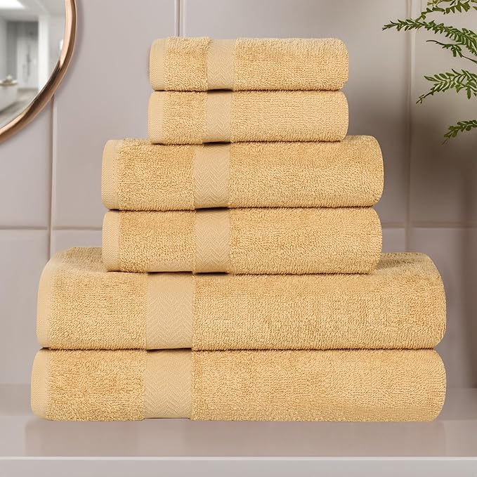 Superior 6-Piece Cotton Assorted Towel Set, Includes 2 Face/Washcloths, 2 Hand, and 2 Bath Towels, Lightweight Essentials, for Home, Gym, Beach, Bathroom, Quick Drying, Franklin Collection, Gold