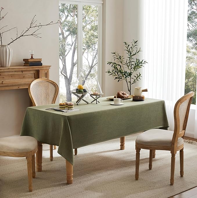 Linen Tablecloth for Rectangle Table, 60x104 Inch Olive, Farmhouse Style Green Tablecloth, Water Resistant Burlap Tablecloths for Dining Table Farmhouse Kitchen