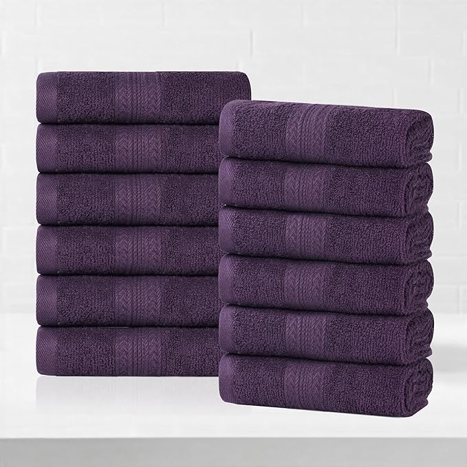 Superior Eco-Friendly Cotton 12-Piece Face Towel/Washcloth Set, Small, Fast Drying Towels for Face, Spa, Resort, Hotel, Hand, Shower, Guest Bathroom, Home, Airbnb, Apartment Essentials, Eggplant