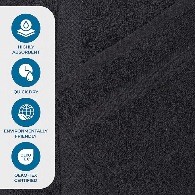 Superior 6-Piece Cotton Assorted Towel Set, Includes 2 Face/Washcloths, 2 Hand, and 2 Bath Towels, Lightweight Essentials, for Home, Gym, Beach, Bathroom, Quick Drying, Franklin Collection, Black