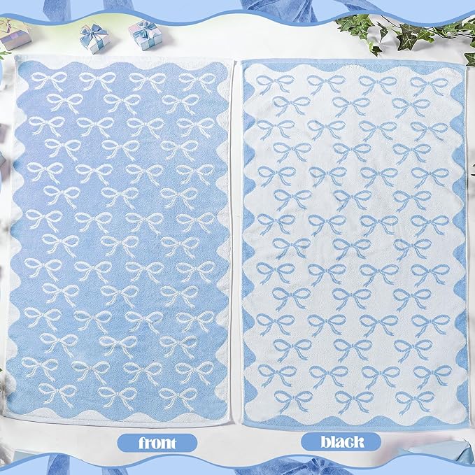 2 Pcs Blue Bow Bathroom Towels 100% Cotton Coquette Bow Bath Towels 28 x 55 Inch Absorbent Soft Preppy Bathroom Decor for Spa Gym Kitchen Women Gifts