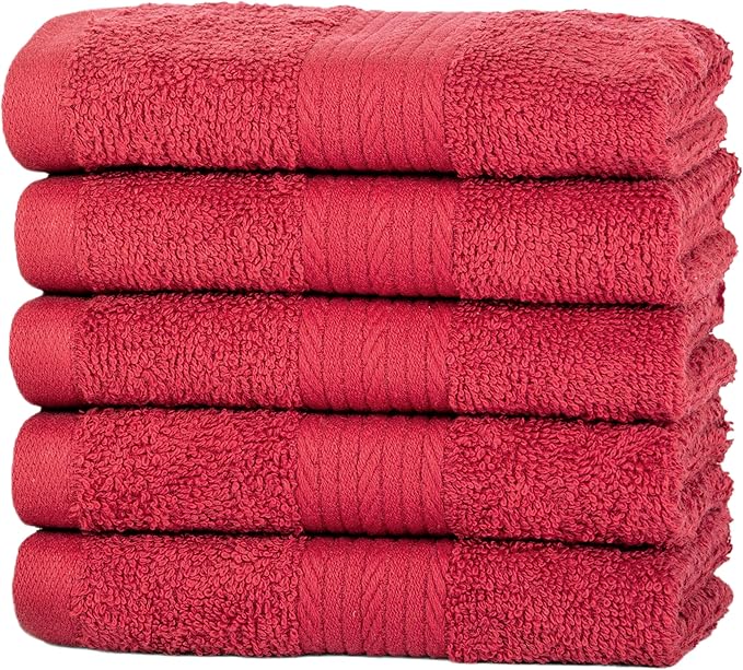 Ample Decor Washcloths Pack of 5 12 X 12 Inch 100% Cotton 600 GSM, Soft Absorbent and Reusable Fingertip Towels, Ideal for Bathroom and Powder Room - Christmas Red