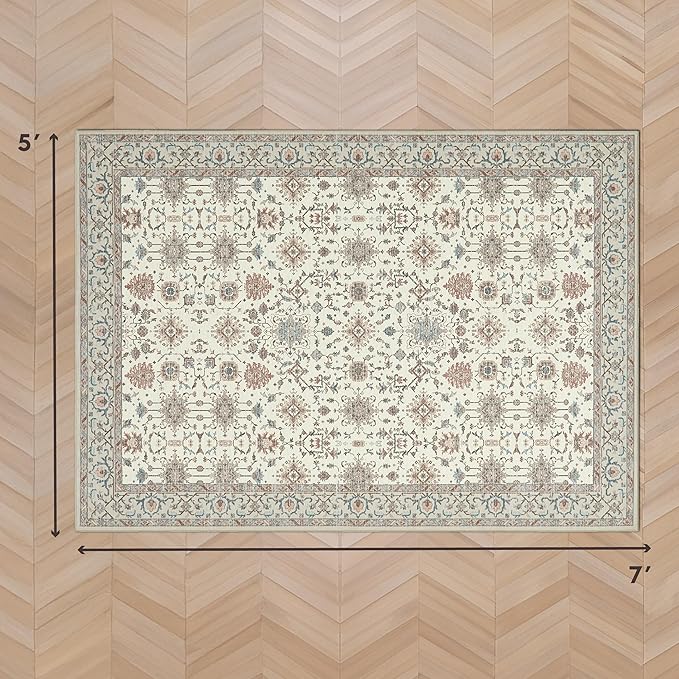 Laura Ashley Beige Aure Floral Machine Washable & Slip Resistant 5' x 7' Area Rug