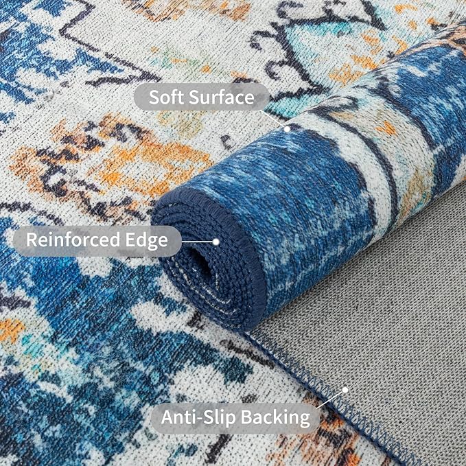 Easy-Going Round Rug 5ft Area Rug Washable Boho Circle Rugs for Living Room Non-Slip Bedroom Rug Low Pile Lightweight Tangerine Vintage Throw Rug for Dining Room Kitchen Office, Floral Aqua Yellow