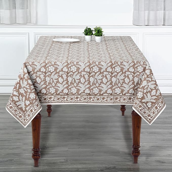 Ridhi Oak Brown Hand Block Print Cotton Rectangle Tablecloth 120" x 80" inches Reusable Table Cover Decorative Everyday Use for Dining, Farmhouse, Home, Party, Festive, Wedding, Fall