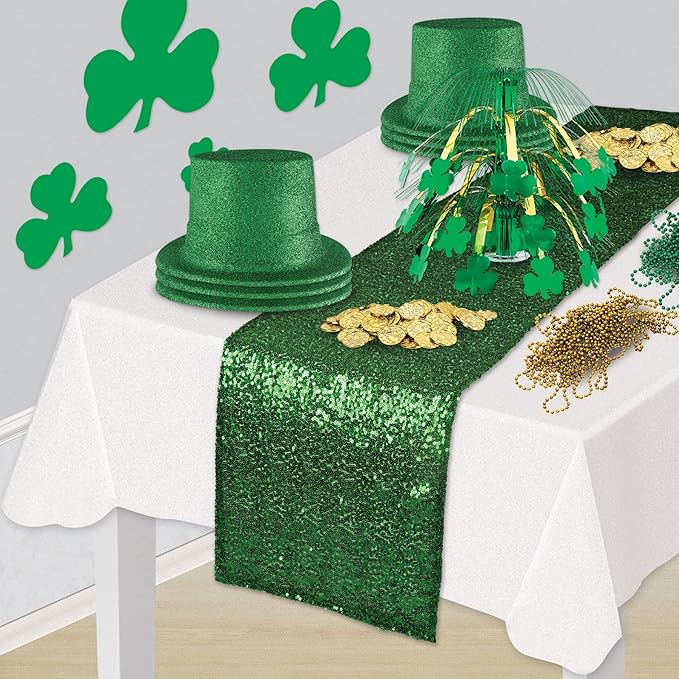 Beistle Rectangluar Shiny Sequined Table Runner For Party Event Birthday Wedding Baby Shower Christmas Holiday Celebration Decorations, 11.25" x 75", Green