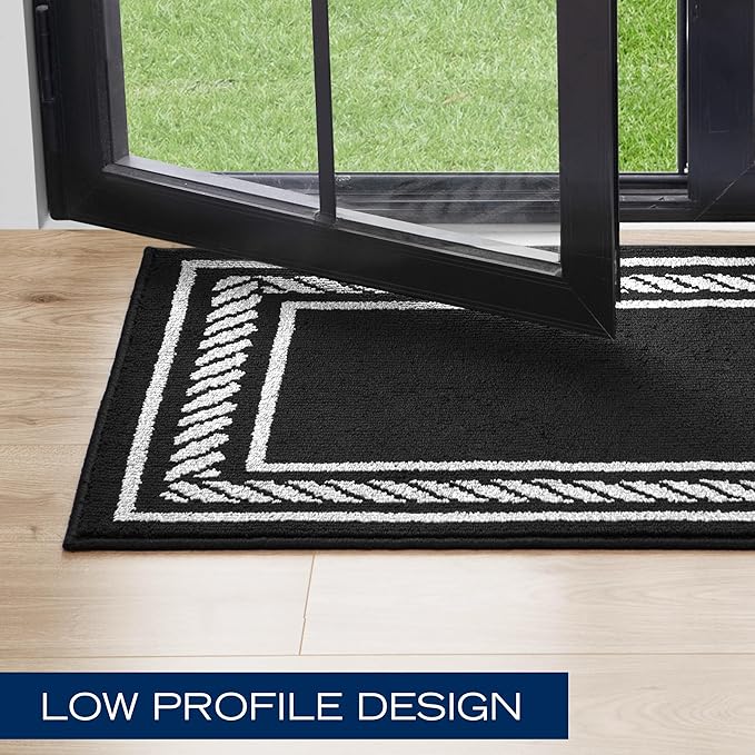 Nautica – Runner Rug | Indoor Runners for Hallways and Entry Rugs| Non-Slip and Non-Skid Entry and Kitchen Door Mat| Machine Washable Entryway Carpet Rugs | 2'2" x 5' | Rope Border Black