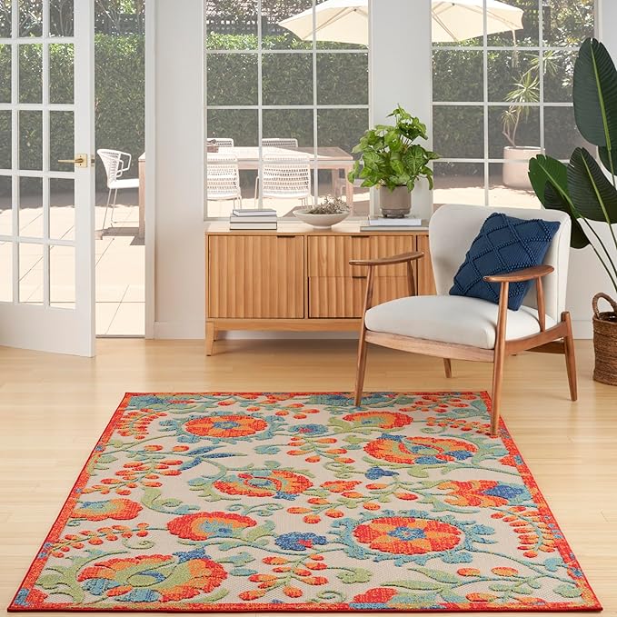 Nourison Home Aloha Red Multicolor 5'3" x 7'5" Area Rug - Easy Clean, Non Shedding, Bed Room, Living Room, Dining Room, Kitchen (5' x 8')