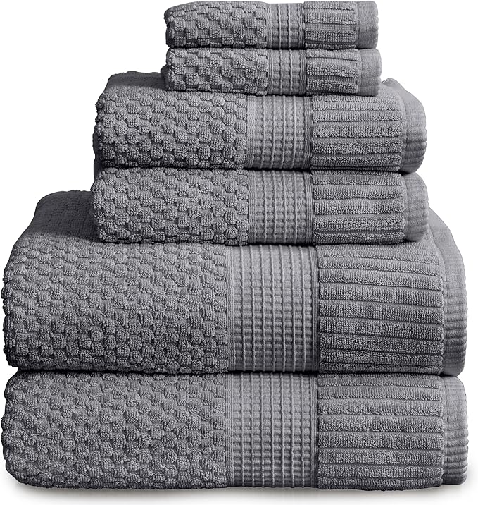 NY Loft 100% Cotton Towel Set 6 Piece | Super Soft & Absorbent Quick-Dry 2 Bath Towels 2 Hand Towels & 2 Washcloths |Textured and Durable Cotton | Trinity Collection (6 Piece Set, Charcoal Grey)