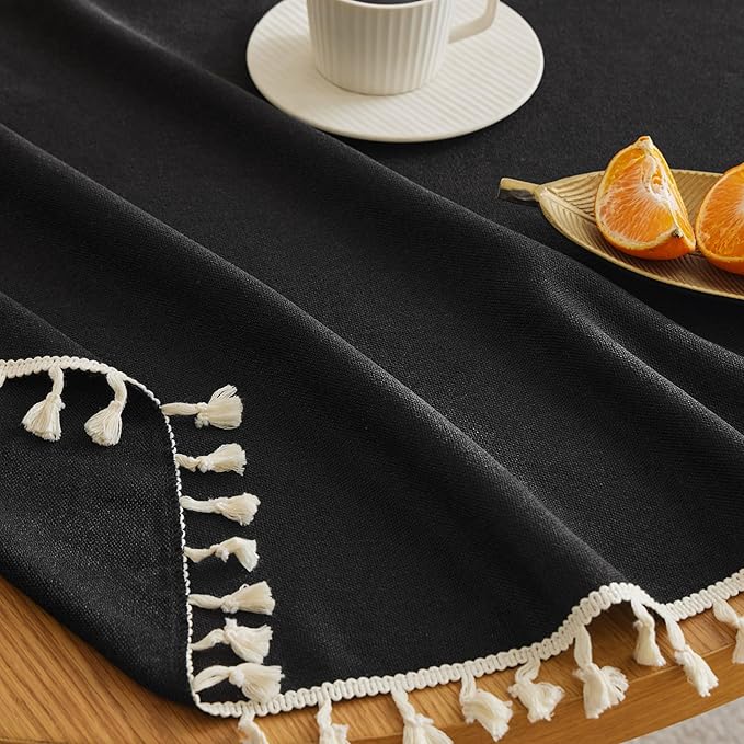 Linen Tablecloth with Tassels, Farmhouse Style Black Tablecloth, Water Resistant Burlap Tablecloths for Round Table, 60 Inch Round Black