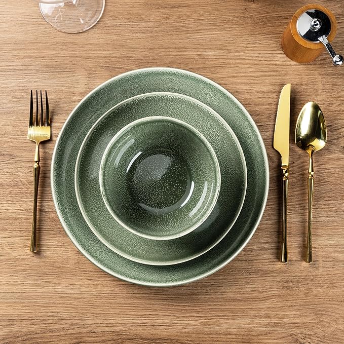 AmorArc Ceramic Dinnerware Sets for 8, 24 Pieces Handpainted Plates and Bowls Set, Scratch Resistant Stoneware Dishes Set, Dishwasher & Microwave Safe, Jade Green