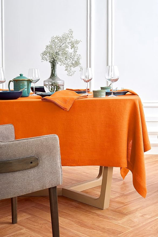 Solino Home Linen Tablecloth for Rectangle Tables 70 x 120 Inch - 100% Pure Linen Pumpkin Table Cloth - Sonoma, Machine Washable Cloth Tablecloth for Holiday, New Year