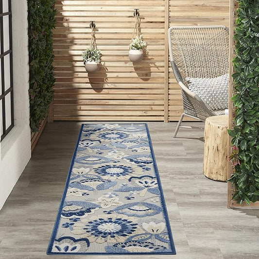 Nourison Aloha Indoor/Outdoor Blue/Grey 2'3" x 10' Area Rug, Easy Cleaning, Non Shedding, Bed Room, Living Room, Dining Room, Backyard, Deck, Patio (2x10)