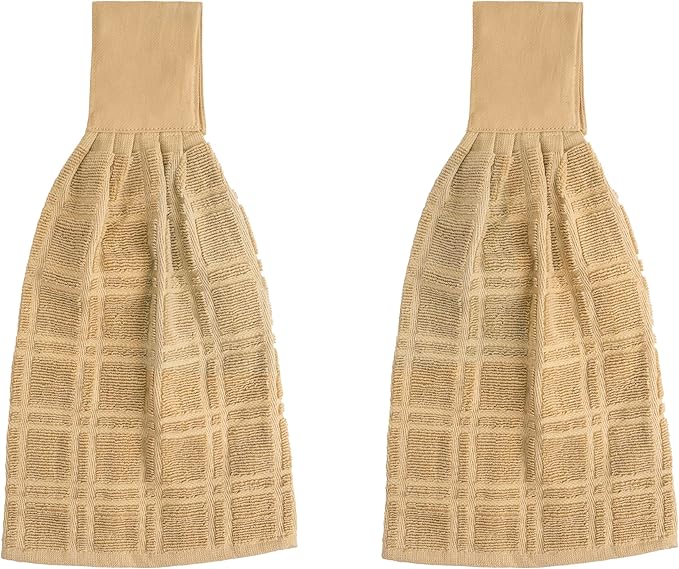 Blue Needles Hanging Kitchen Towels - Beige 100% Cotton Solid Kitchen Tie Towel, Set of 2 Hand Dish Cloth with Hanging Loops 9 x 17 Inches, Absorbent, Super Soft, and Fast Drying Home Essential