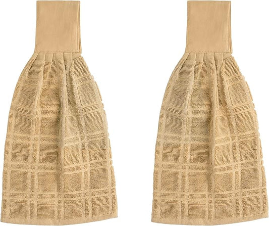 Blue Needles Hanging Kitchen Towels - Beige 100% Cotton Solid Kitchen Tie Towel, Set of 2 Hand Dish Cloth with Hanging Loops 9 x 17 Inches, Absorbent, Super Soft, and Fast Drying Home Essential