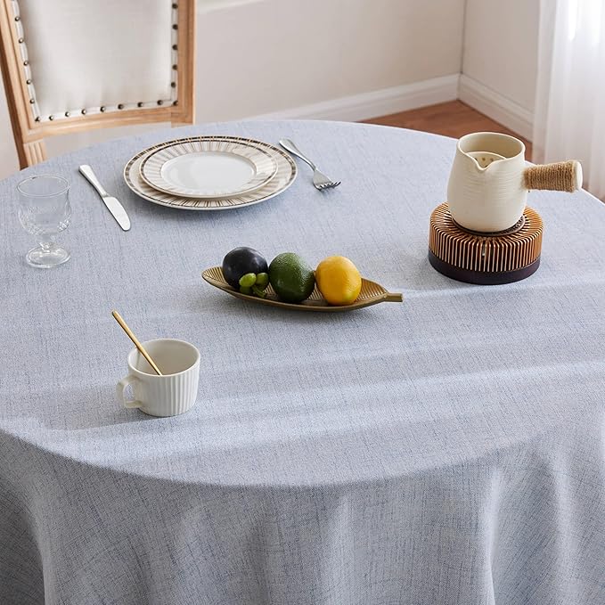 Linen Tablecloth with Tassels, Farmhouse Style Blue Tablecloth, Water Resistant Burlap Tablecloths for Round Table, 52 Inch Round Blue