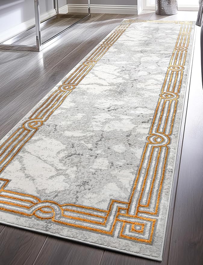 Well Woven Fairmont Collection Huntington Grey Gold & Ivory Marble Border Elegant & Soft 2x7 Runner Rug Perfect for Hallway & Bedroom Durable Stain Resistant & Easy to Clean