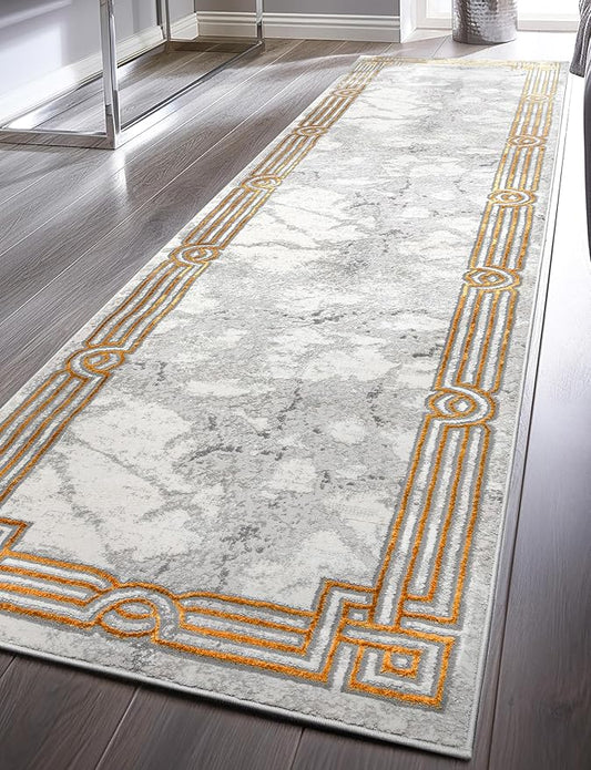 Well Woven Fairmont Collection Huntington Grey Gold & Ivory Marble Border Elegant & Soft 2x7 Runner Rug Perfect for Hallway & Bedroom Durable Stain Resistant & Easy to Clean