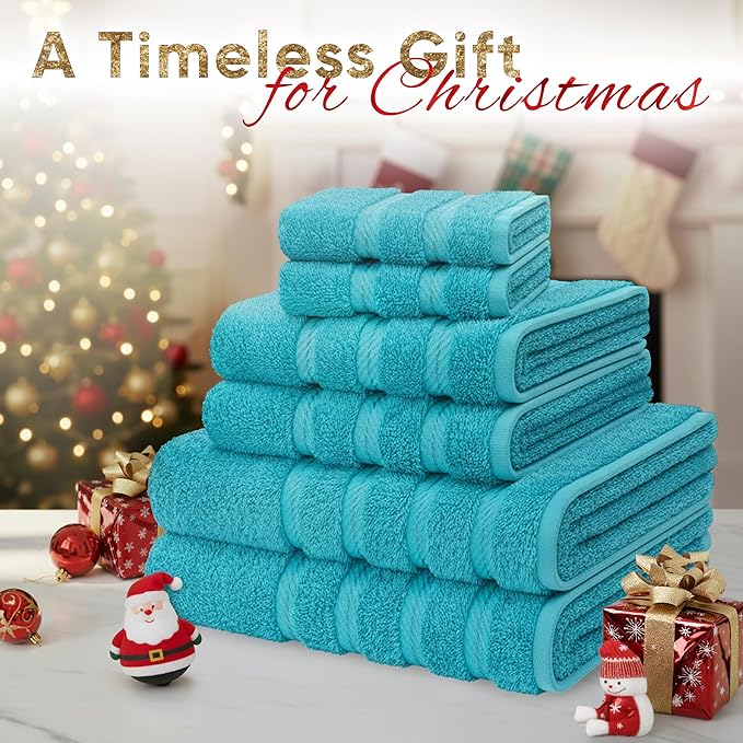 American Soft Linen Luxury 6 Piece Towel Set, 2 Bath Towels 2 Hand Towel 2 Washcloths, 600 GSM 100% Cotton Turkish Towels for Bathroom, Aqua Blue Towel Sets