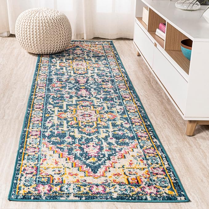 JONATHAN Y Brooklyn Geometric Medallion Blue/Beige Runner Rug, 2x8, Vintage, Bohemian, Easy-Cleaning for Living Room, Bedroom, Kitchen, Pet Friendly, Non-Shedding (MDP207A-28)
