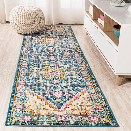 JONATHAN Y Brooklyn Geometric Medallion Blue/Beige Runner Rug, 2x8, Vintage, Bohemian, Easy-Cleaning for Living Room, Bedroom, Kitchen, Pet Friendly, Non-Shedding (MDP207A-28)